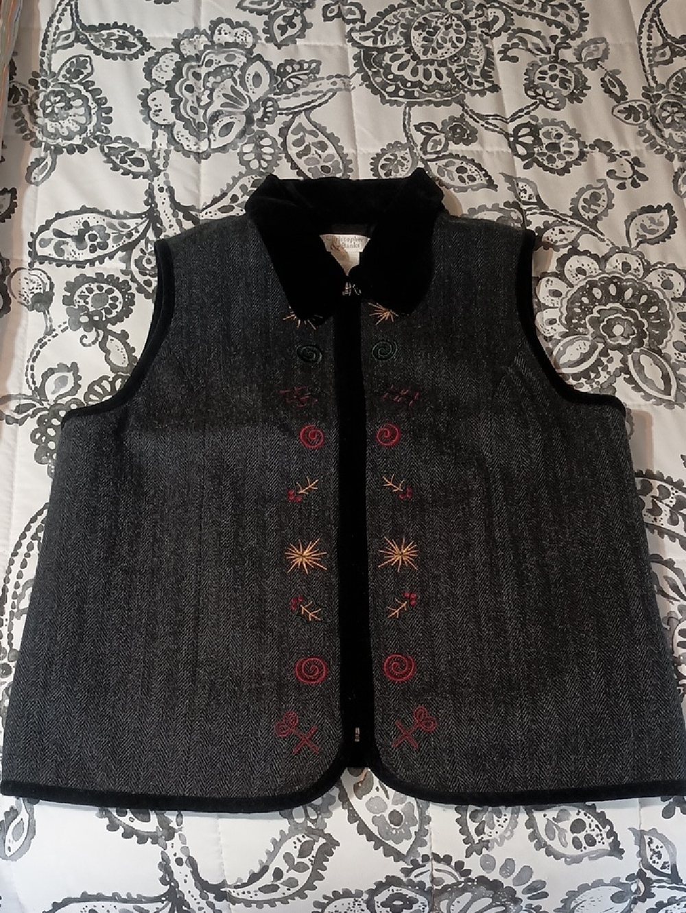 Christopher & Banks Dark Gray Embroidered Vest with Velvet Collar